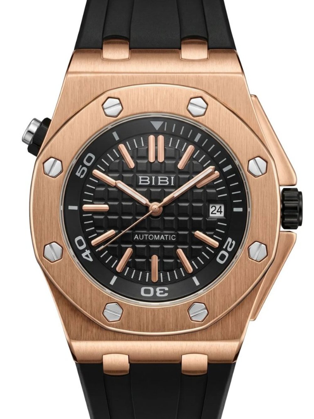 BIBI - B1132 Rose gold case, black dial, black silicone band